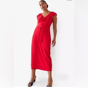 & OTHER STORIES  Ruffle Neck Midi Red Dress Size M